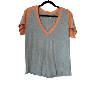 We the Free Patchwork T-Shirt Size Large Blue Peachy Orange V-Neck Trim Bohemian